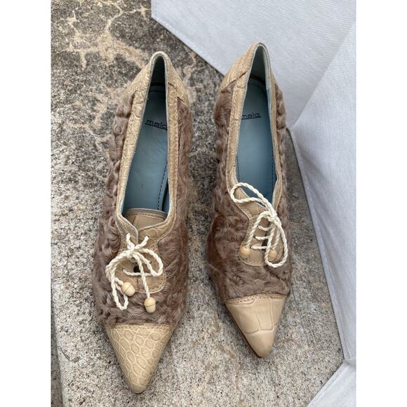 Designer Malo Heels 39 Fur Pointy Toe Pump Leather Italian Retro Lace Up Artsy - Picture 7 of 10